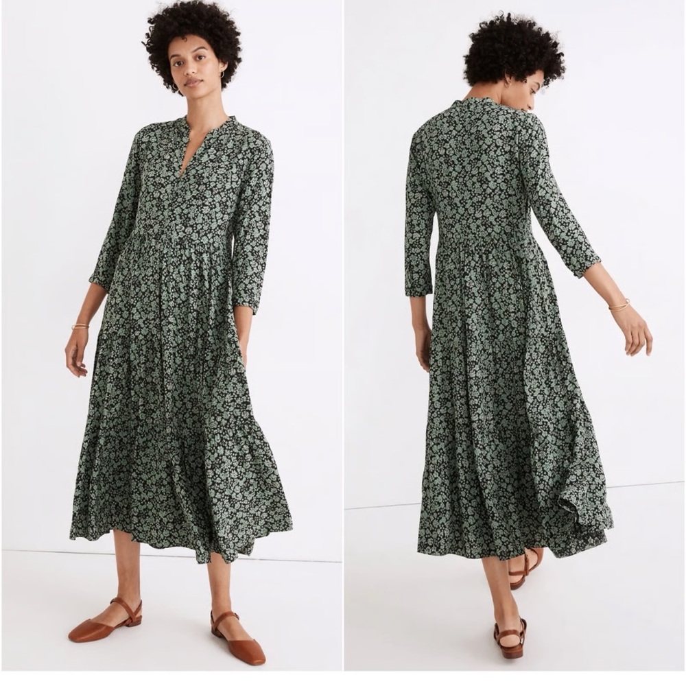 Madewell Green Floral Midi‎ Dress | Size XS | Long Sleeve
